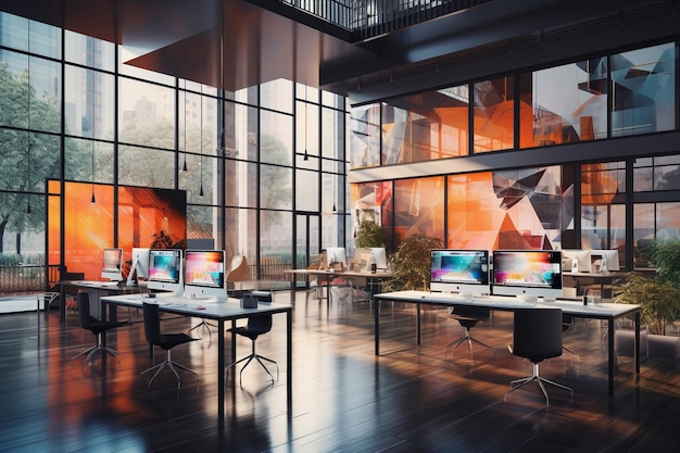 Modern office interior with desks computers