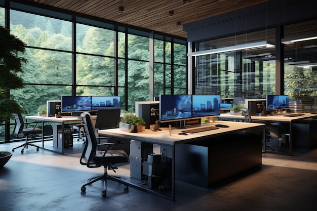 Modern office interior with desks computers