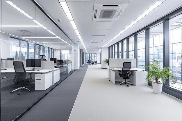 Modern Office Interior with Glass Walls and City View