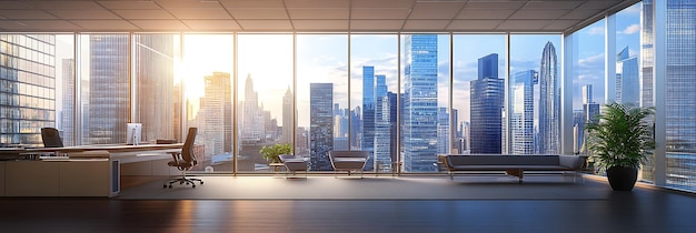 Photo modern office interior with panoramic city skyline view