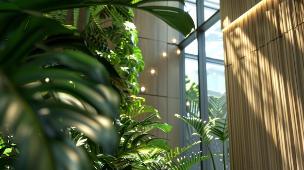 Modern office interior with parametric wall design and large glass window overlooking lush green