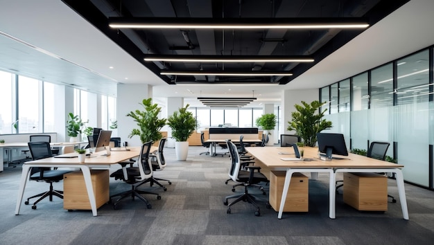 Modern office interior with plants promoting productivity and collaboration