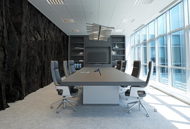 modern office interior with rock feature 3d rendering