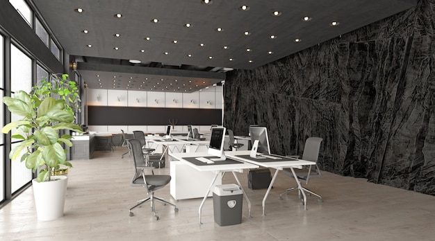 modern office interior with rock feature 3d rendering