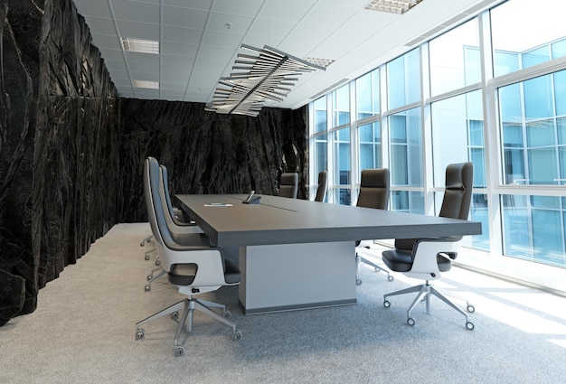 modern office interior with rock feature 3d rendering