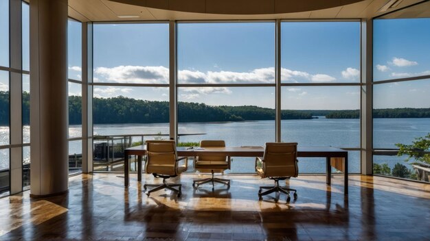 Modern office interior with a serene lake and mountain view