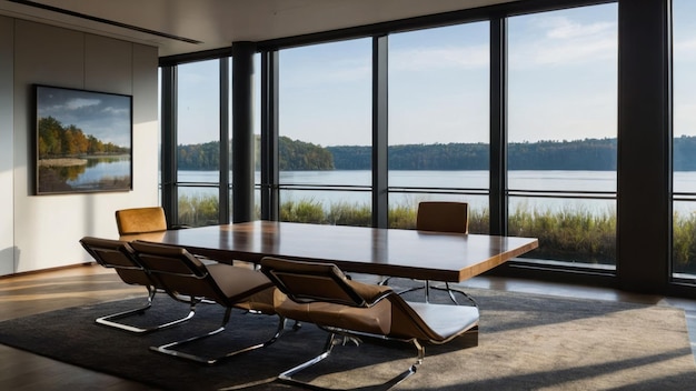 Modern office interior with a serene lake and mountain view