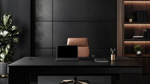 Modern office interior with sleek furniture and elegant desk setup in a minimalist workspace during