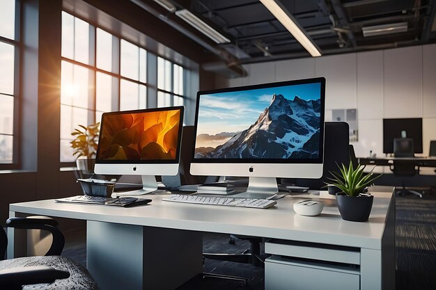 Modern office interior with stylish desktop computers