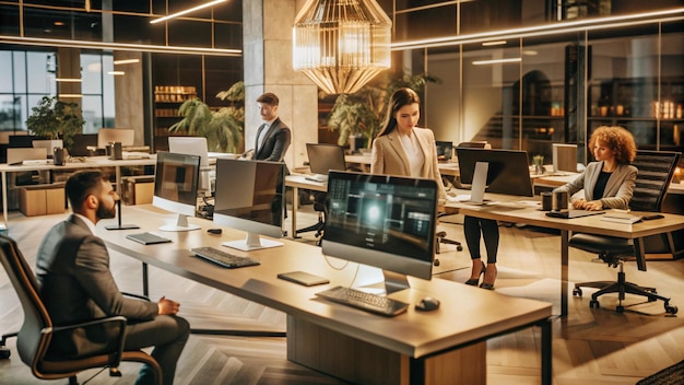 Photo modern office interior with team of professionals working on computers