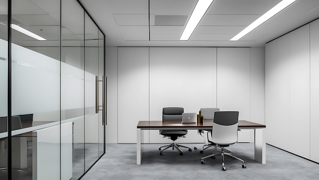 Modern office interior with white walls panoramic windows and daylight