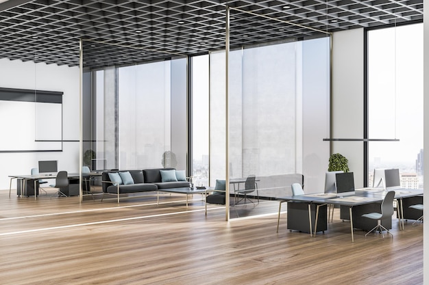 Modern office interior with wooden flooring panoramic city view waiting area with couch and coffee table and other items Design concept 3D Rendering