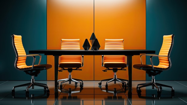 A modern office interior with a wooden wall city view window computer on des