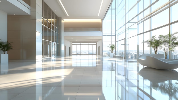 Modern office lobby glass entrance doors bright interior floortoceiling windows reflective tiled flo