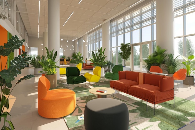 Photo modern office lobby with colorful furniture and plants