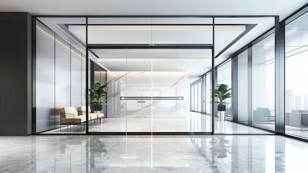 Photo a modern office lobby with a glass entrance and marble floors