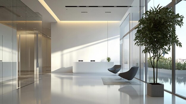 Photo modern office lobby with large white wall and two meeting rooms