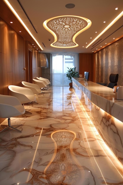 Modern Office Lobby with Marble Flooring and a Unique Chandelier