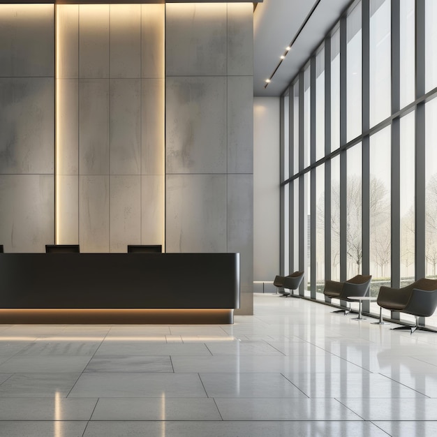 Photo modern office lobby with reception desk and large windows