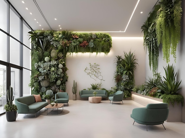 Modern office lobby with sleek furniture a living green wall and natural light breathtaking plants