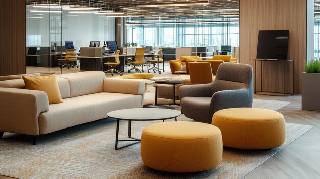 Photo modern office lounge area with beige sofa grey armchair and yellow ottomans