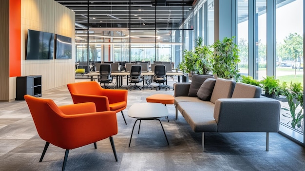 Modern Office Lounge with Orange Chairs and a Grey Sofa