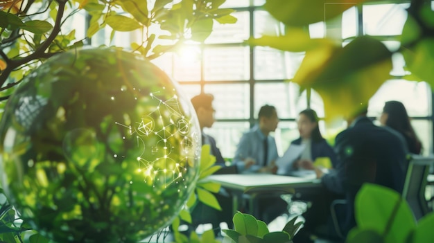 Photo a modern office meeting blurred in the background seen through lush green indoor plants and a globe symbolizing growth and teamwork