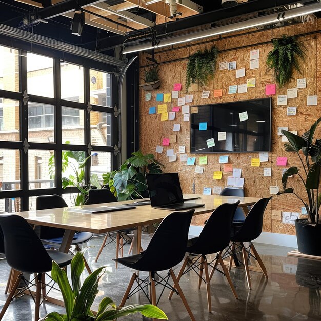 Photo a modern office meeting room with a large window wooden table black chairs and a wall covere