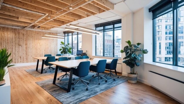 Modern office meeting room with round table chairs and city views for business use