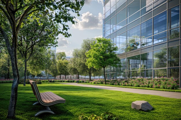 Photo modern office park with green lawn trees and bench