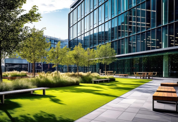 Photo modern office plaza with green landscaping