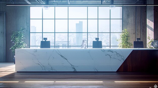 Photo modern office reception desk with city view