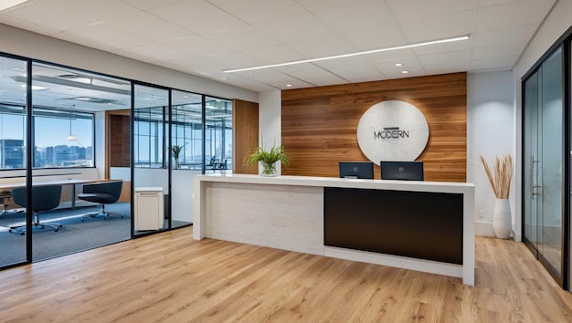 Photo modern office reception showcasing sleek design and welcoming atmosphere