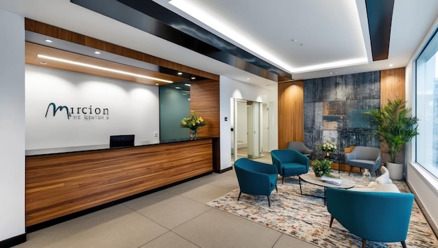 Photo modern office reception showcasing sleek design and welcoming atmosphere