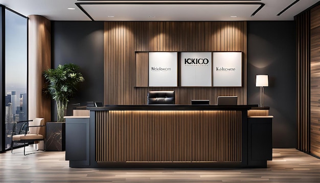 Modern office reception with dark wall accents and wooden details 3d rendering