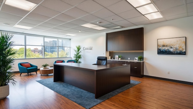 Modern office reception with stylish seating and welcoming atmosphere