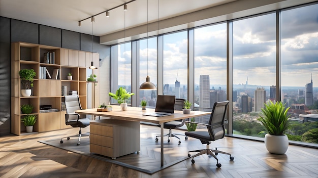 Modern office room interior design with workspace near panoramic window