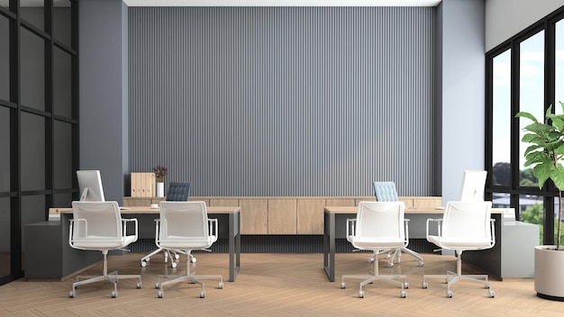 Modern office room with desk and computer gray slat wall and builtin wooden cabinet 3d rendering