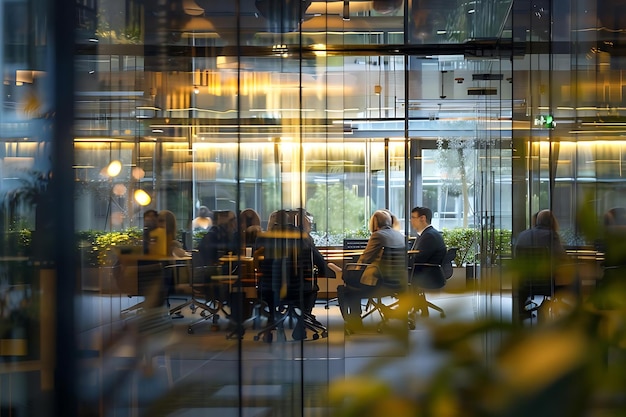 A modern office scene viewed through a glass wall with business professionals engaged in a meeting