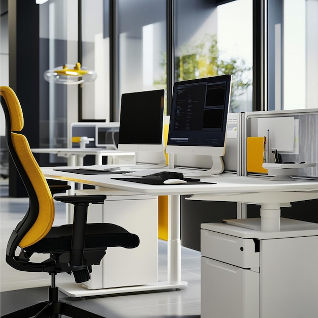 Photo a modern office setup with ergonomic furniture productivity tools and efficient workspace design