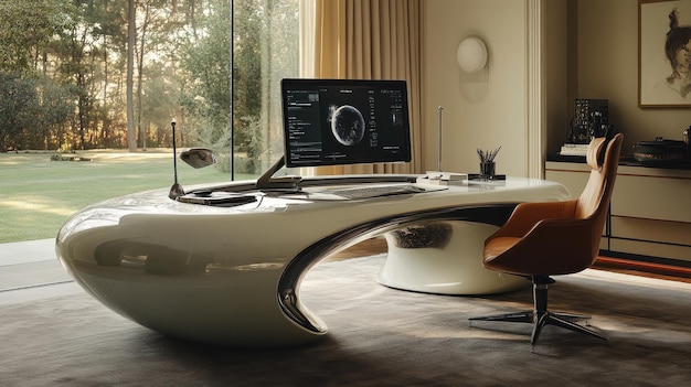 Photo modern office setup with sleek desk and computer in serene environment