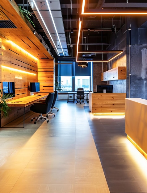 Photo modern office space interior with warm lighting and open workstations