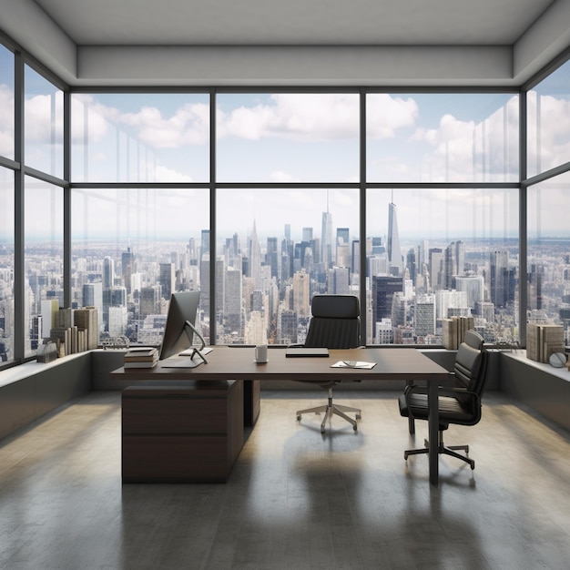 Modern Office Space with City Skyline for Intersection of Finance Business and Urban Life