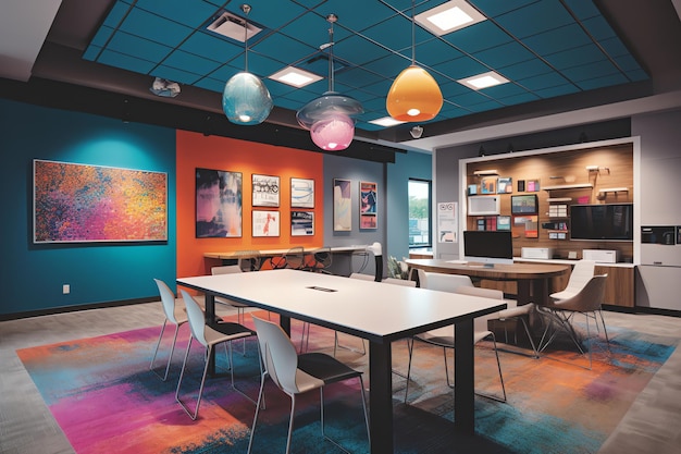 A modern office space with a colorful and energetic design