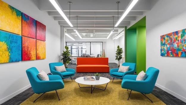 Modern office space with colorful walls promoting creativity and collaboration