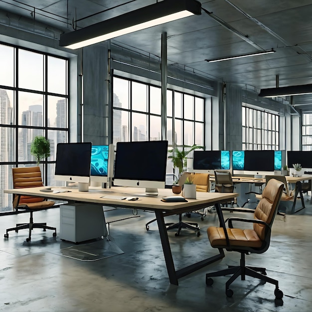 Modern office space with desktop computers using cuttingedge technology