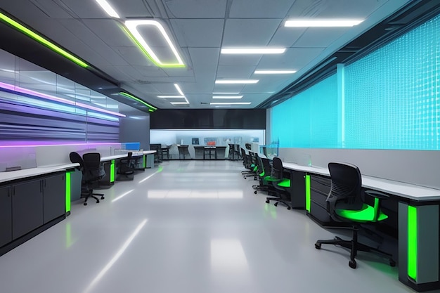 modern office space with desktops with modern computers created with generative ai technology