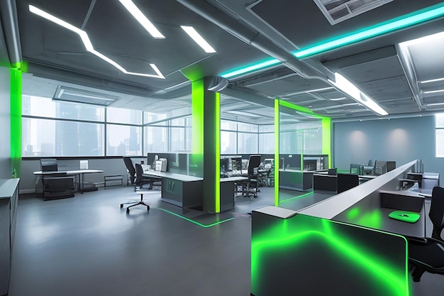 modern office space with desktops with modern computers created with generative ai technology