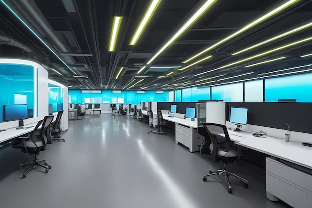 modern office space with desktops with modern computers created with generative ai technology