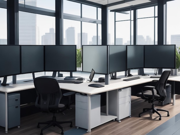 Modern office space with desktops with modern computers created with generative ai technology